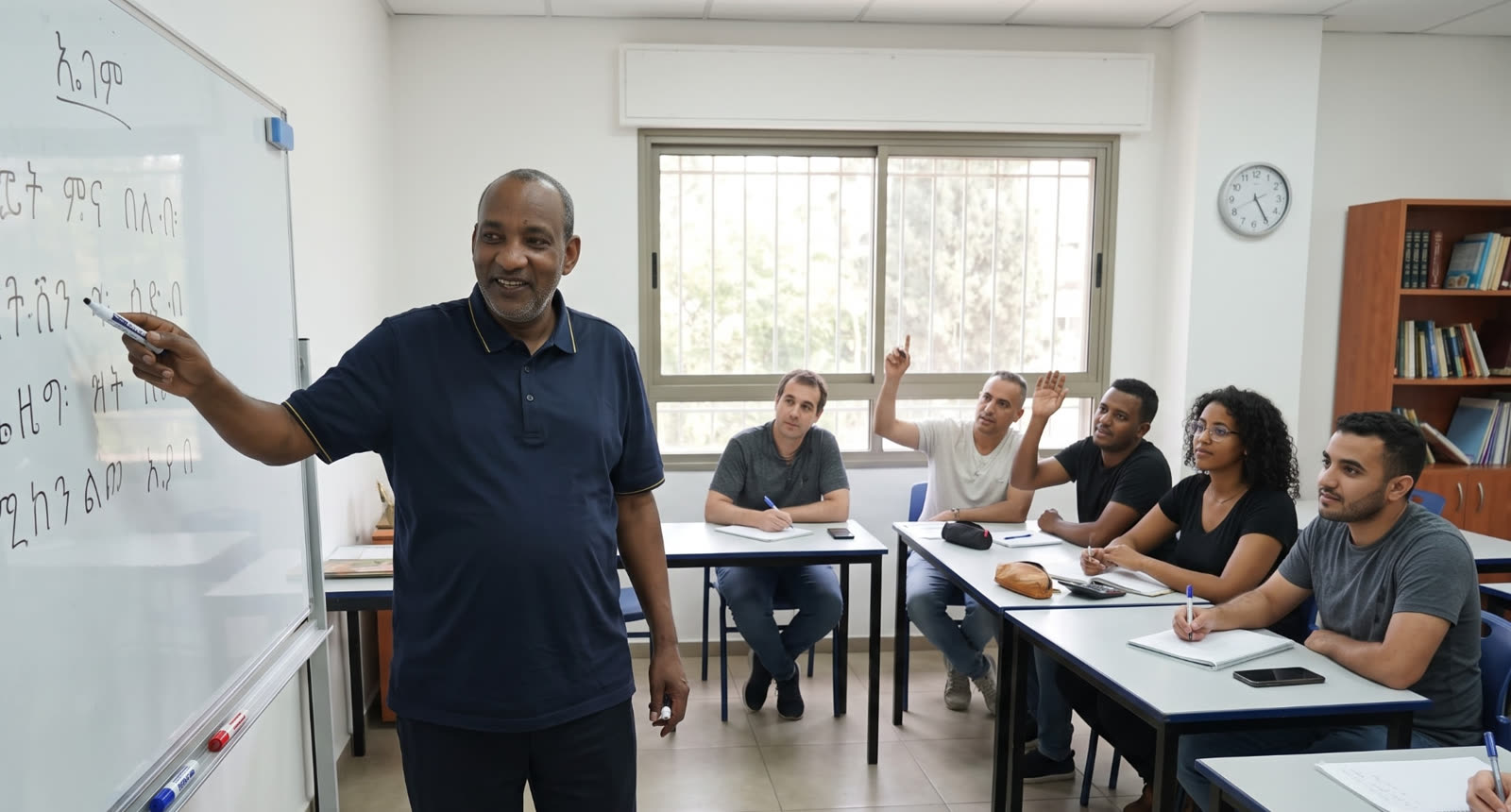 אבי מלמד כיתת תלמידים אמהרית ליד לוח עם אותיות פידל, בחדרה